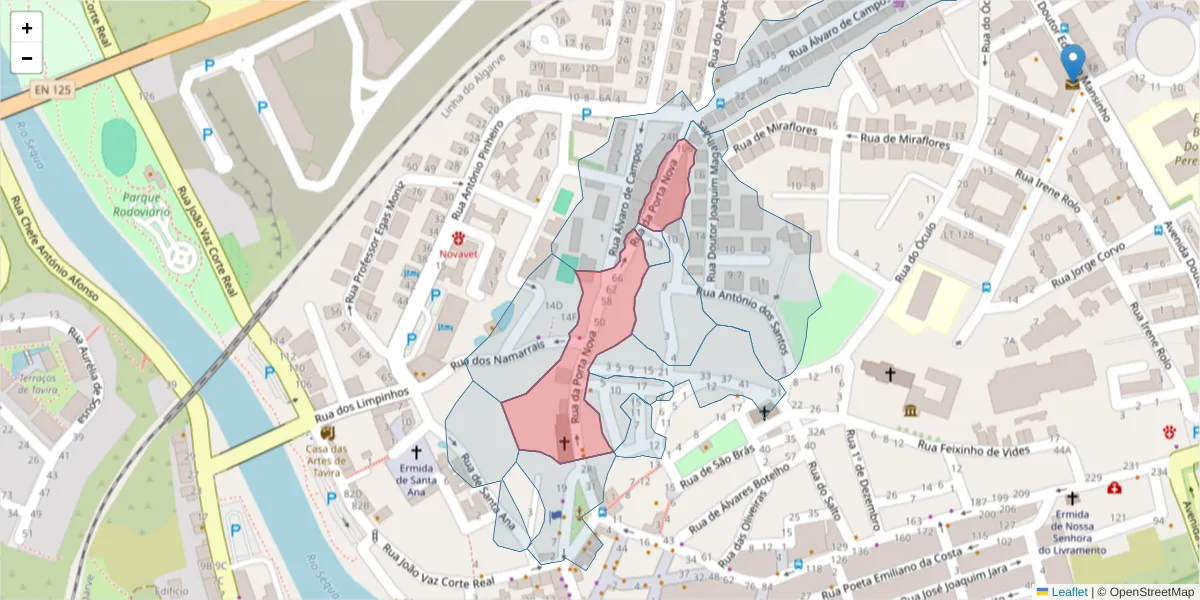 Mapa detalhado do código postal 8800-330 com limites, códigos postais vizinhos e agências dos correios