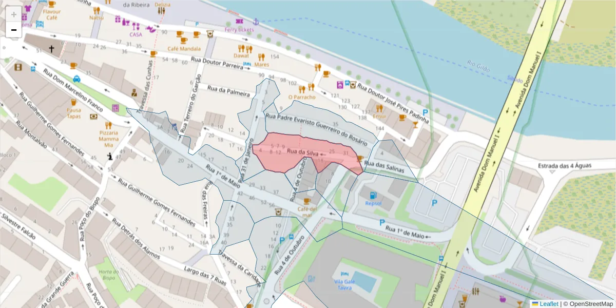 Mapa detalhado do código postal 8800-331 com limites, códigos postais vizinhos e agências dos correios