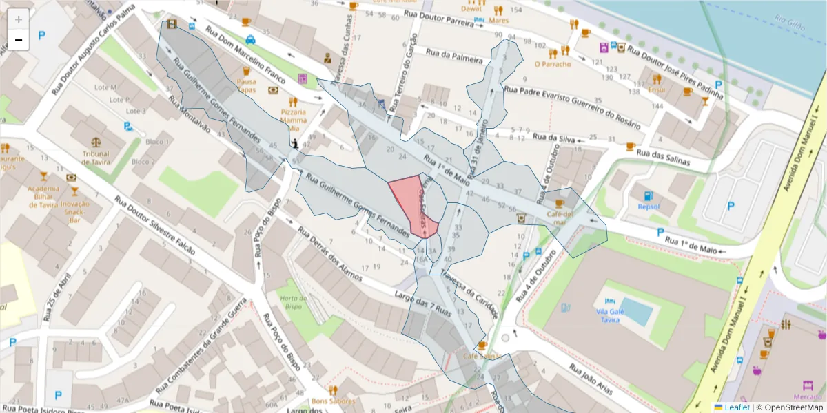 Mapa detalhado do código postal 8800-334 com limites, códigos postais vizinhos e agências dos correios