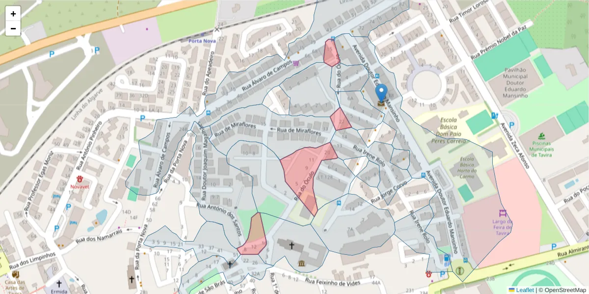 Mapa detalhado do código postal 8800-341 com limites, códigos postais vizinhos e agências dos correios