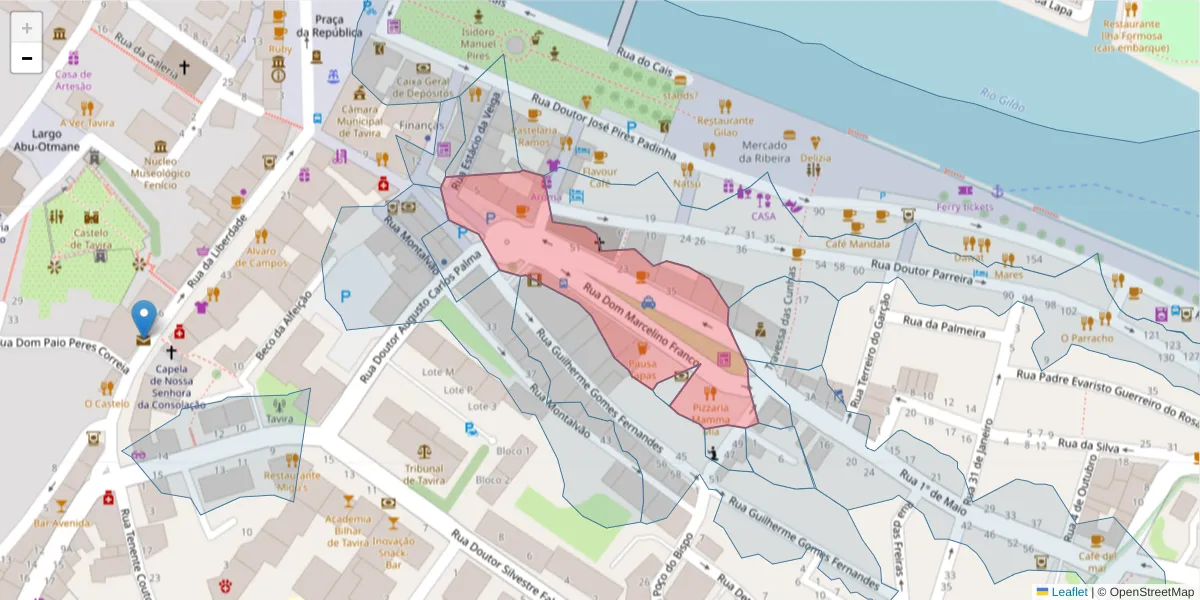 Mapa detalhado do código postal 8800-347 com limites, códigos postais vizinhos e agências dos correios