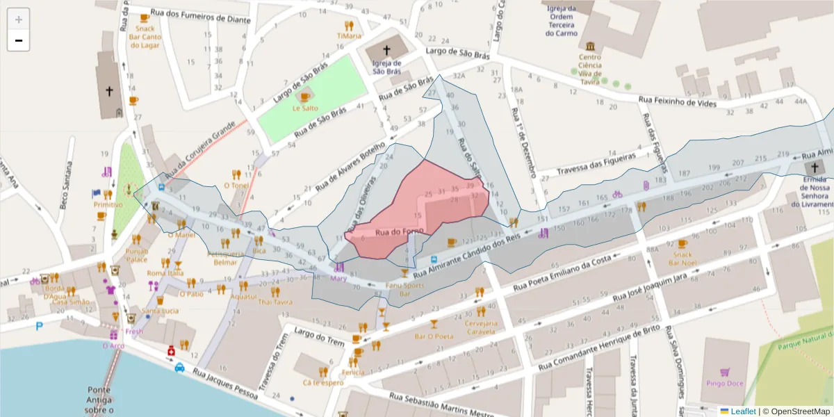 Mapa detalhado do código postal 8800-348 com limites, códigos postais vizinhos e agências dos correios