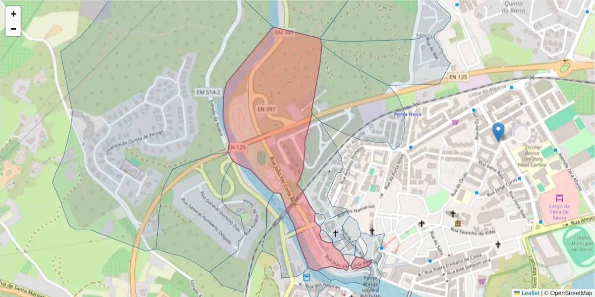 Mapa detalhado do código postal 8800-351 com limites, códigos postais vizinhos e agências dos correios
