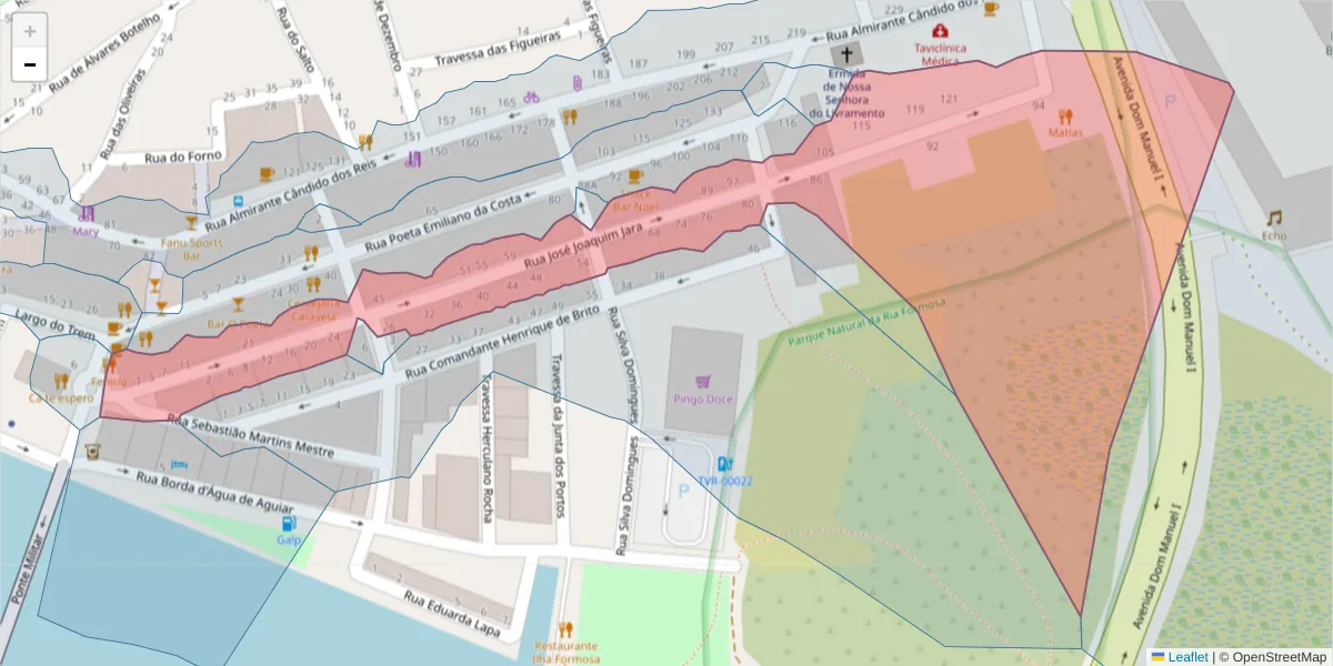 Mapa detalhado do código postal 8800-353 com limites, códigos postais vizinhos e agências dos correios