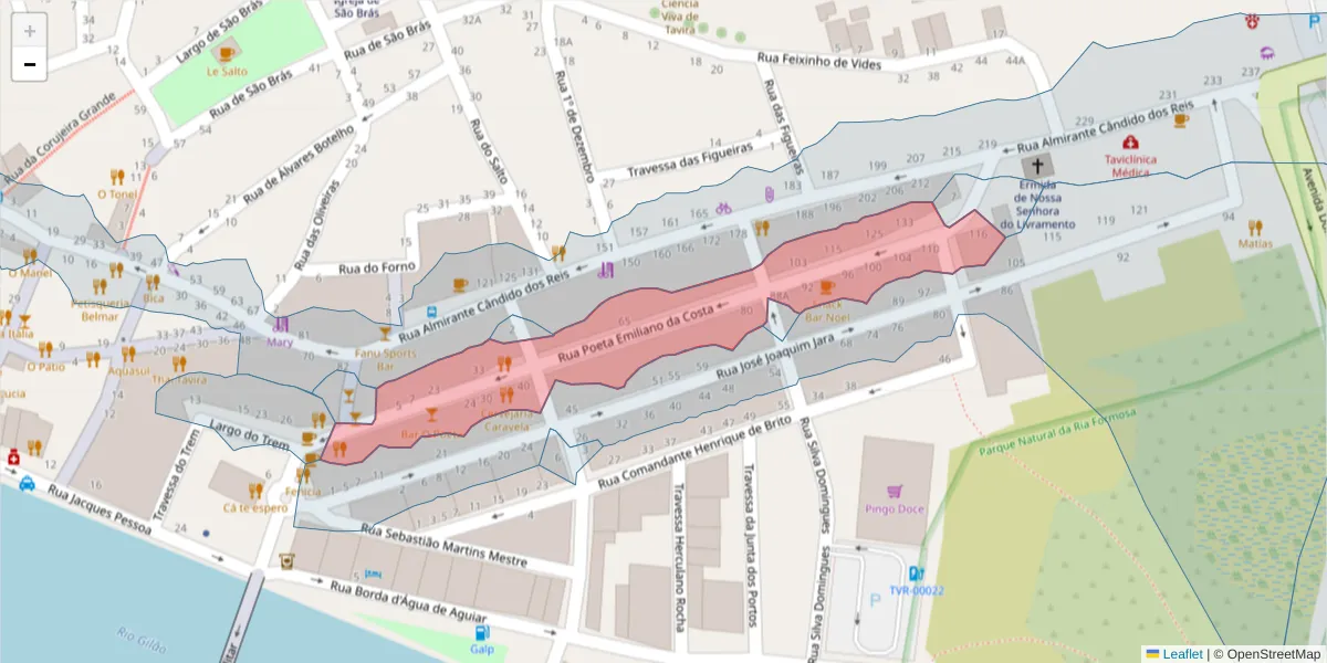 Mapa detalhado do código postal 8800-357 com limites, códigos postais vizinhos e agências dos correios