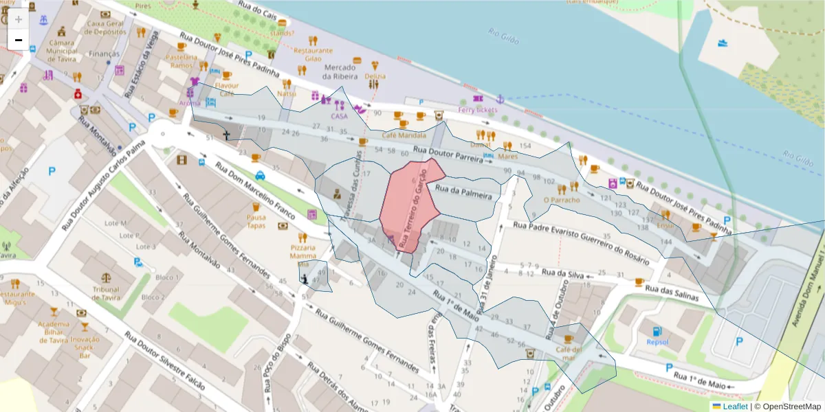 Mapa detalhado do código postal 8800-366 com limites, códigos postais vizinhos e agências dos correios