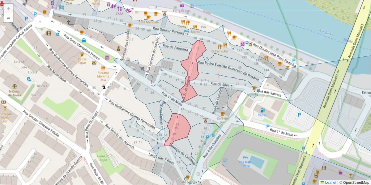 Mapa detalhado do código postal 8800-367 com limites, códigos postais vizinhos e agências dos correios