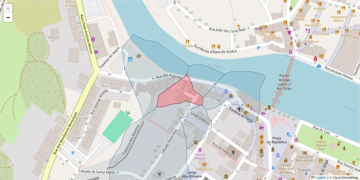 Mapa detalhado do código postal 8800-368 com limites, códigos postais vizinhos e agências dos correios