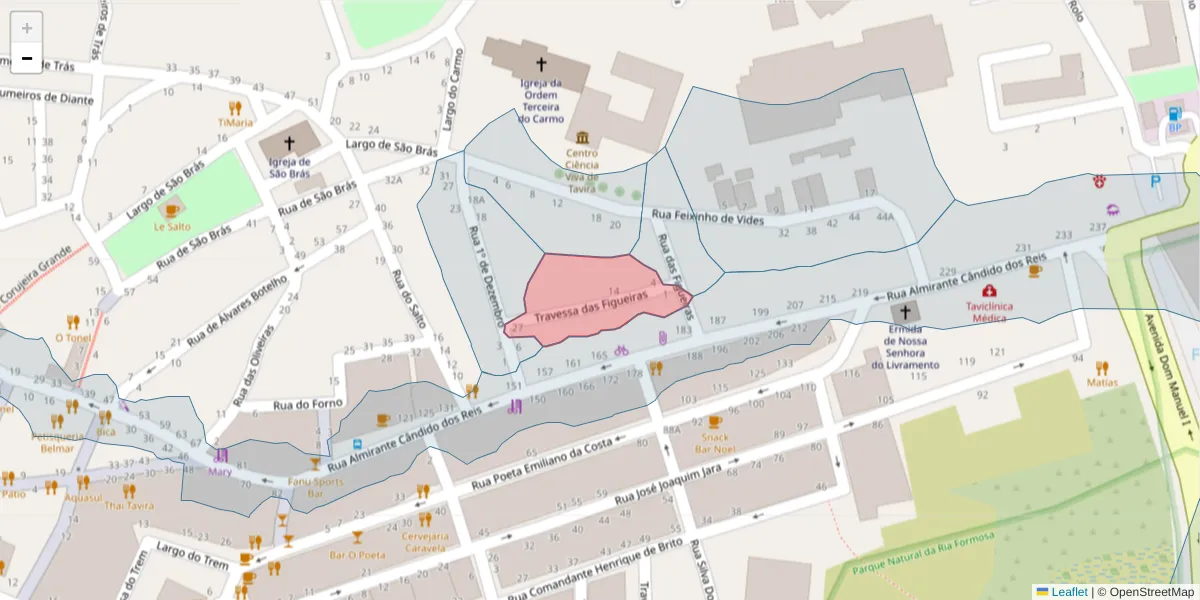 Mapa detalhado do código postal 8800-370 com limites, códigos postais vizinhos e agências dos correios