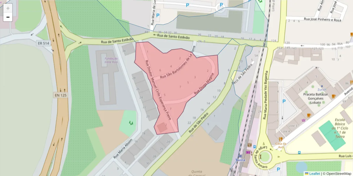 Mapa detalhado do código postal 8800-380 com limites, códigos postais vizinhos e agências dos correios