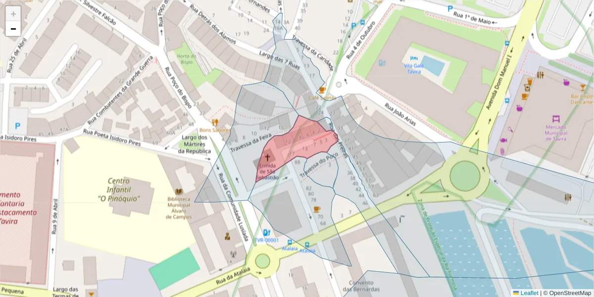 Mapa detalhado do código postal 8800-388 com limites, códigos postais vizinhos e agências dos correios