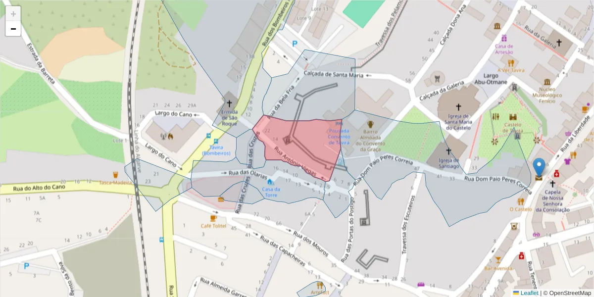 Mapa detalhado do código postal 8800-395 com limites, códigos postais vizinhos e agências dos correios