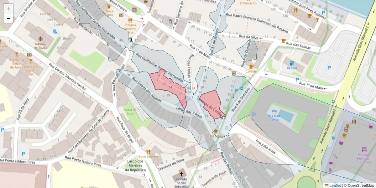 Mapa detalhado do código postal 8800-398 com limites, códigos postais vizinhos e agências dos correios