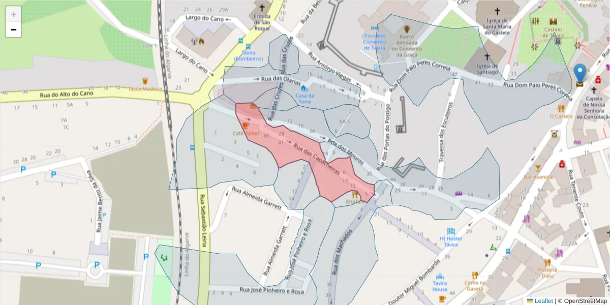 Mapa detalhado do código postal 8800-401 com limites, códigos postais vizinhos e agências dos correios