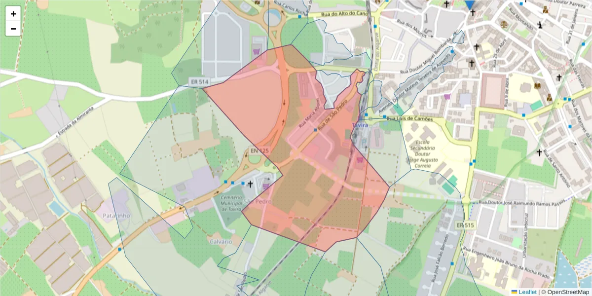 Mapa detalhado do código postal 8800-405 com limites, códigos postais vizinhos e agências dos correios