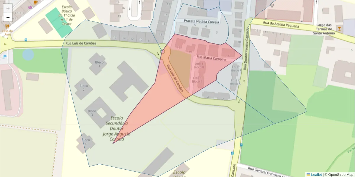 Mapa detalhado do código postal 8800-418 com limites, códigos postais vizinhos e agências dos correios