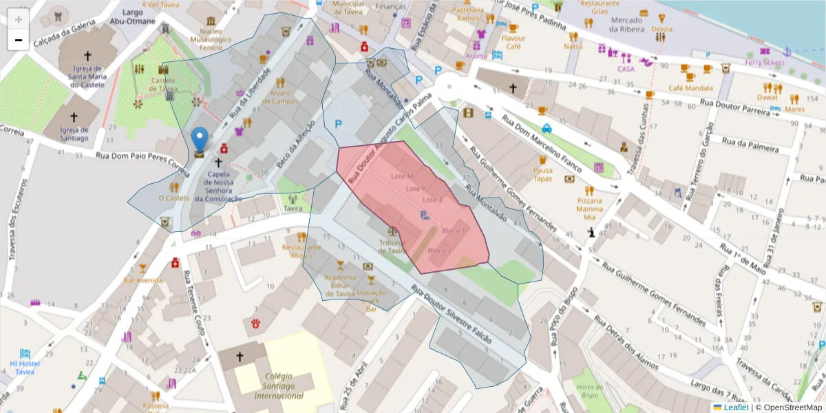 Mapa detalhado do código postal 8800-424 com limites, códigos postais vizinhos e agências dos correios