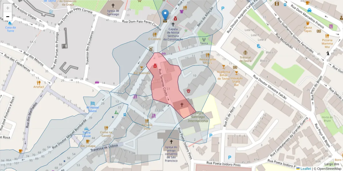 Mapa detalhado do código postal 8800-425 com limites, códigos postais vizinhos e agências dos correios