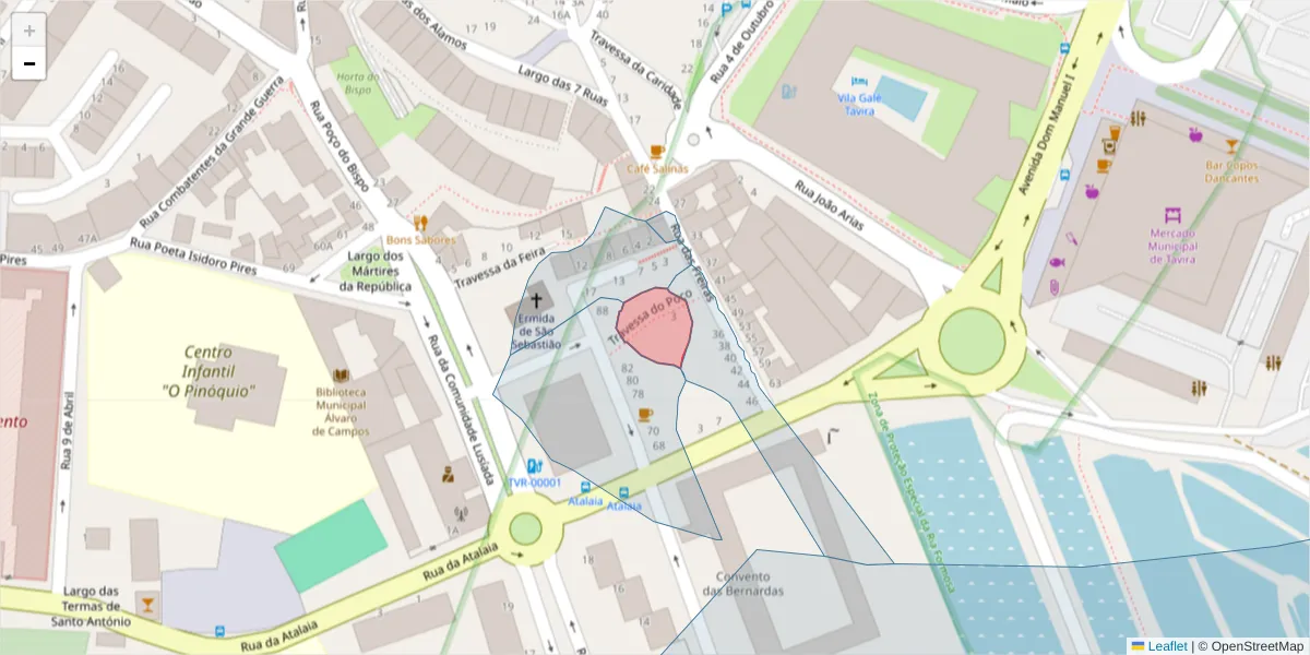 Mapa detalhado do código postal 8800-433 com limites, códigos postais vizinhos e agências dos correios