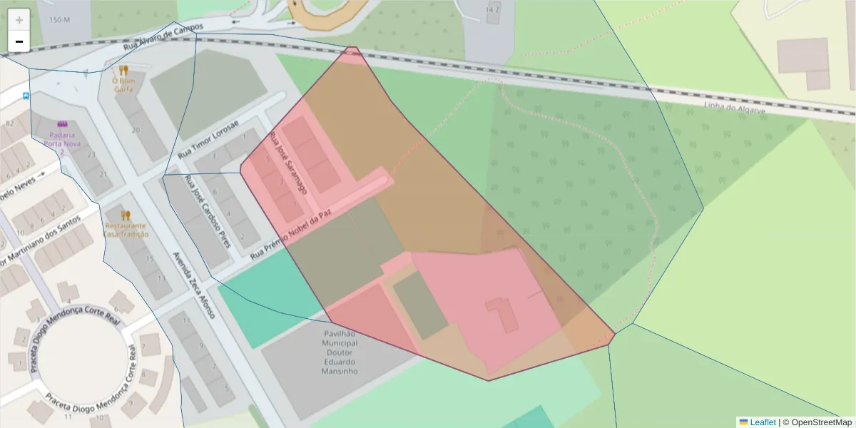 Mapa detalhado do código postal 8800-442 com limites, códigos postais vizinhos e agências dos correios