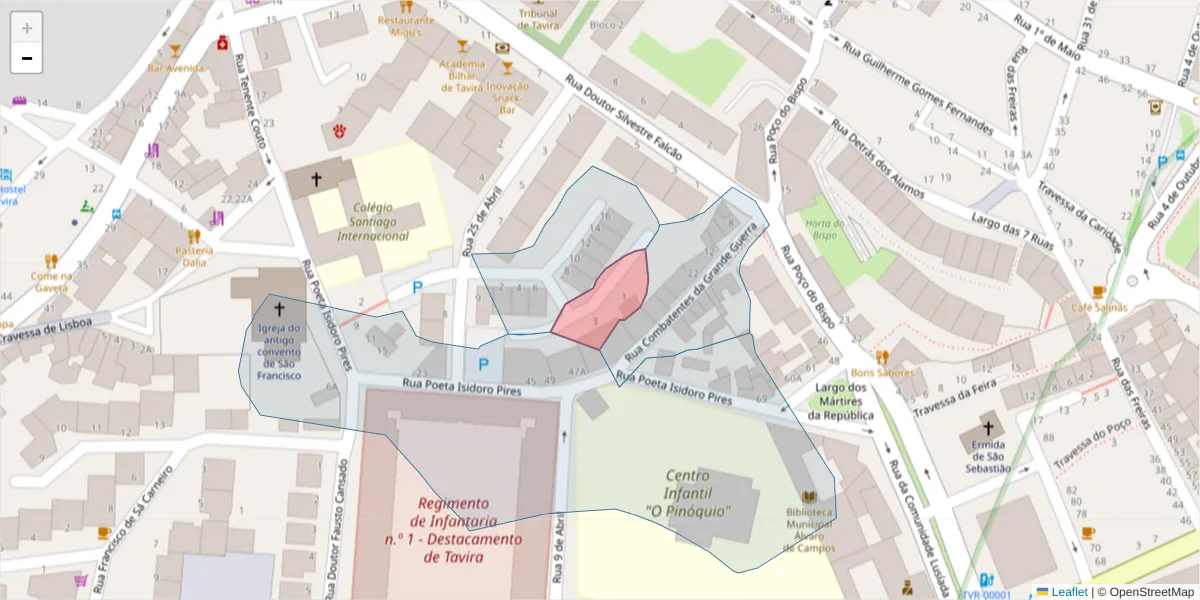 Mapa detalhado do código postal 8800-446 com limites, códigos postais vizinhos e agências dos correios