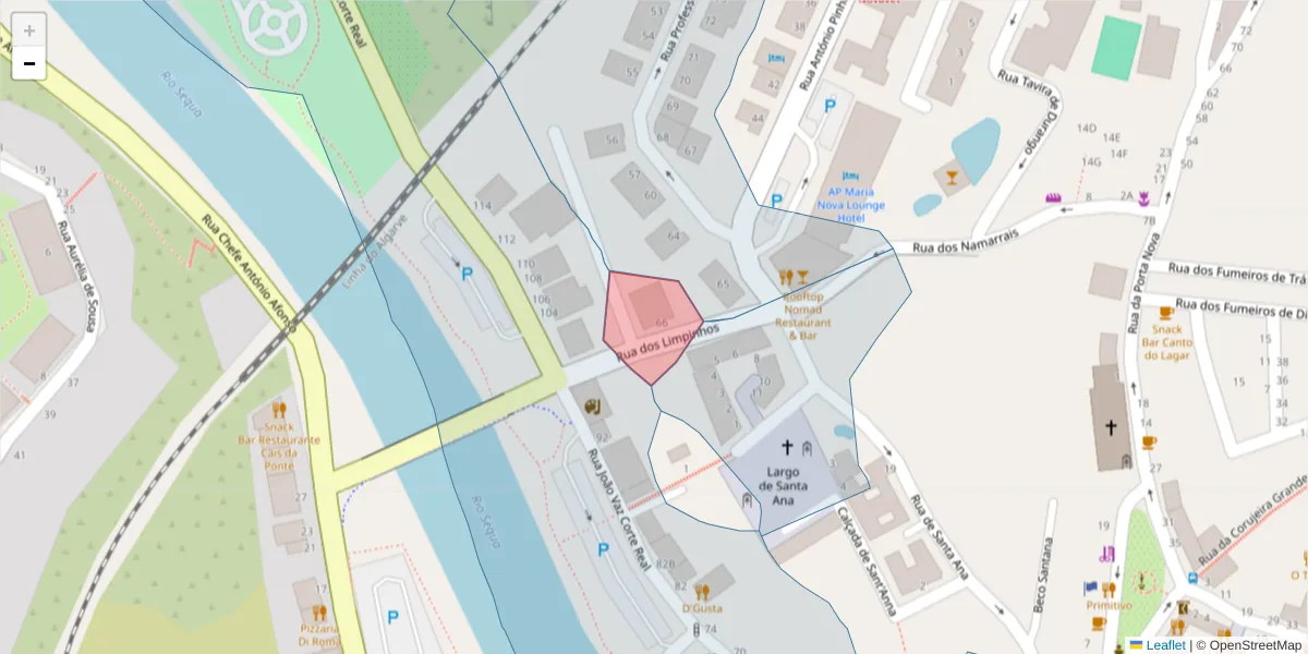 Mapa detalhado do código postal 8800-451 com limites, códigos postais vizinhos e agências dos correios