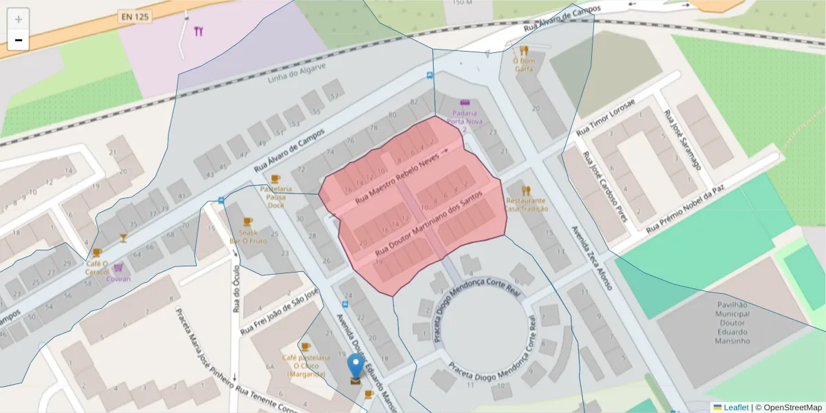 Mapa detalhado do código postal 8800-458 com limites, códigos postais vizinhos e agências dos correios