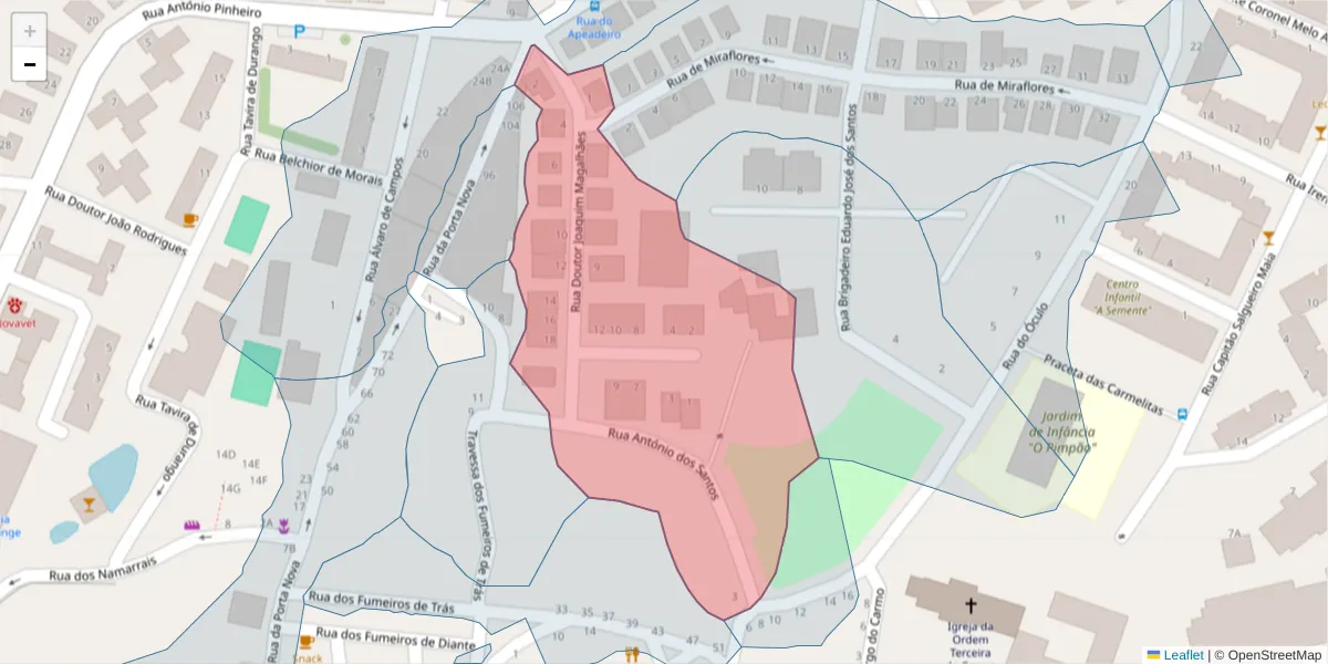 Mapa detalhado do código postal 8800-462 com limites, códigos postais vizinhos e agências dos correios