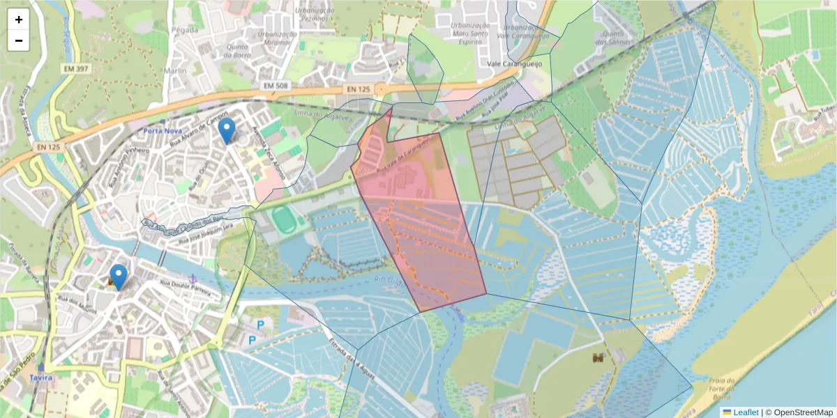 Mapa detalhado do código postal 8800-467 com limites, códigos postais vizinhos e agências dos correios