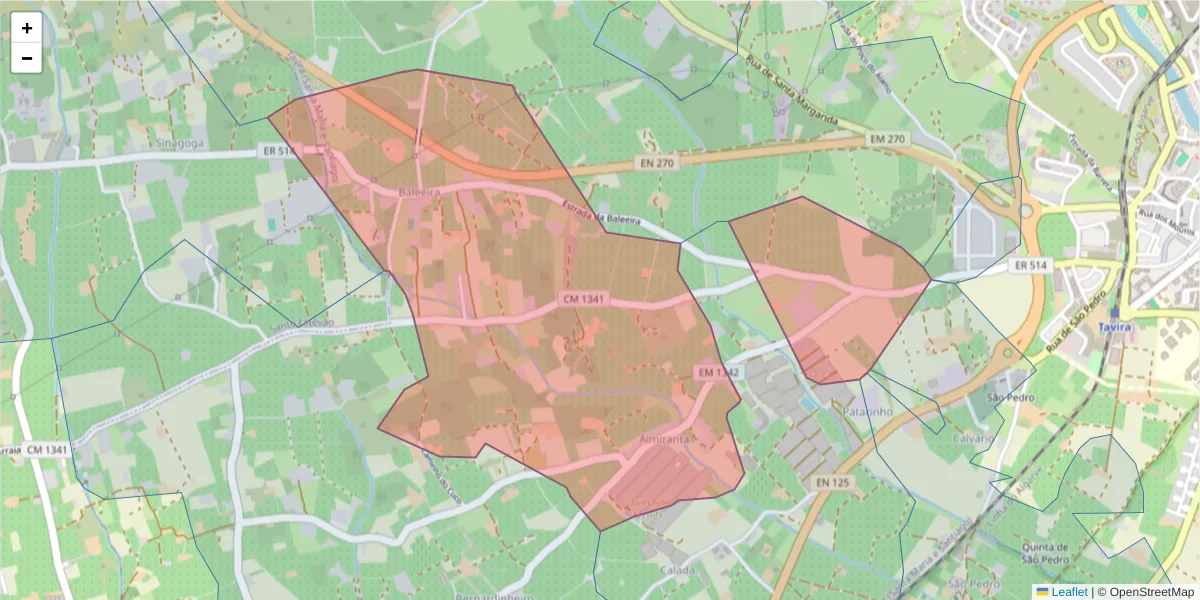 Mapa detalhado do código postal 8800-501 com limites, códigos postais vizinhos e agências dos correios