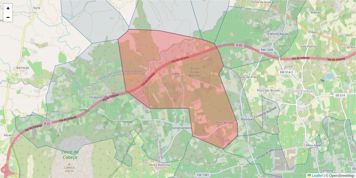 Mapa detalhado do código postal 8800-504 com limites, códigos postais vizinhos e agências dos correios