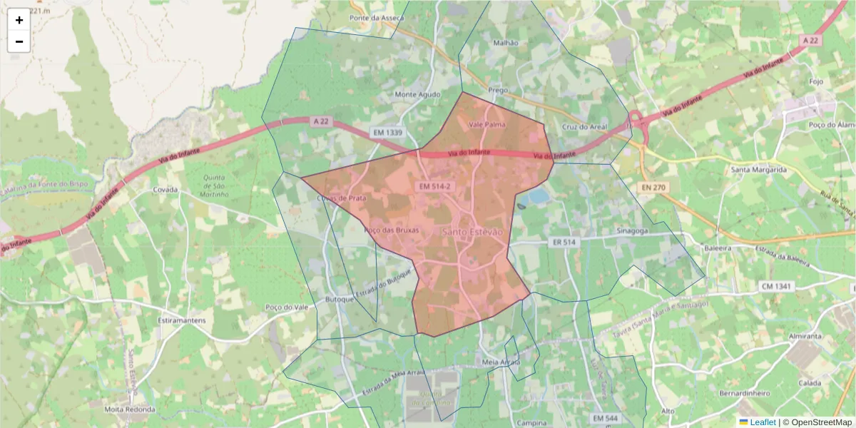 Mapa detalhado do código postal 8800-506 com limites, códigos postais vizinhos e agências dos correios