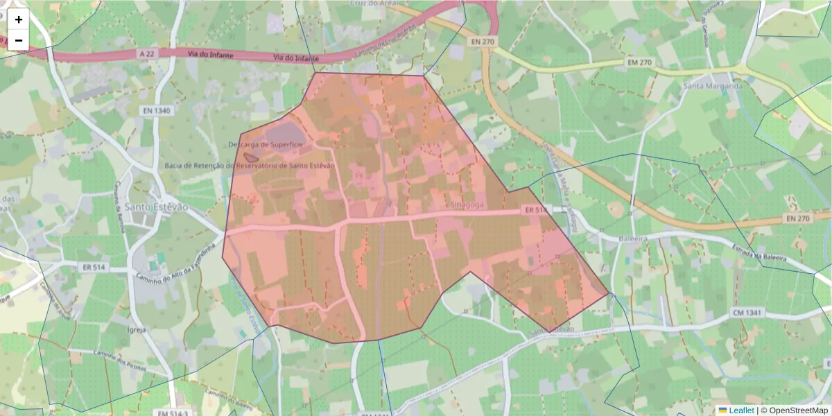 Mapa detalhado do código postal 8800-511 com limites, códigos postais vizinhos e agências dos correios