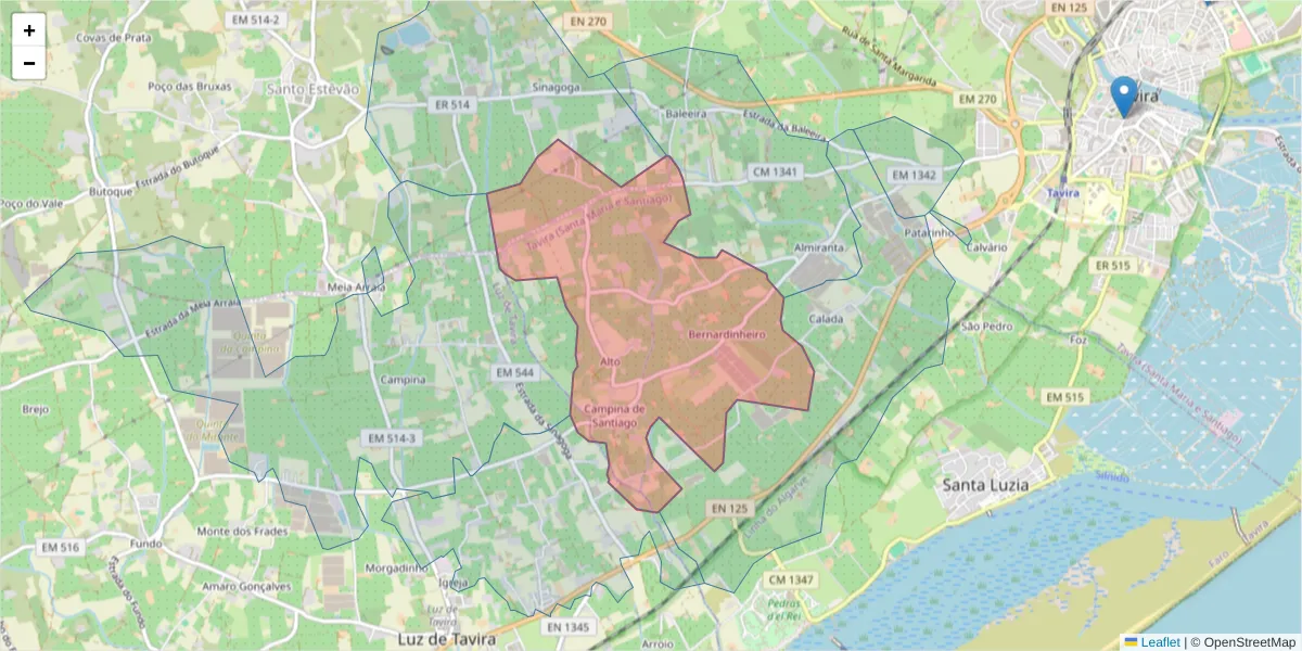 Mapa detalhado do código postal 8800-513 com limites, códigos postais vizinhos e agências dos correios