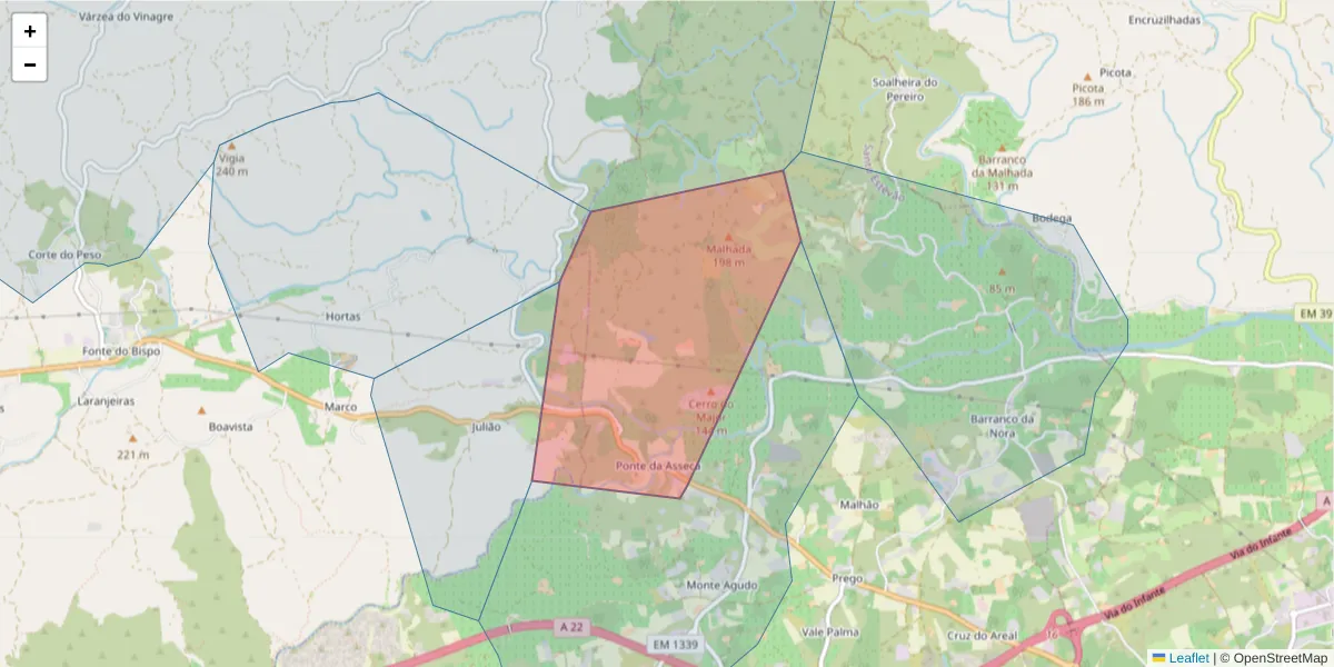 Mapa detalhado do código postal 8800-514 com limites, códigos postais vizinhos e agências dos correios