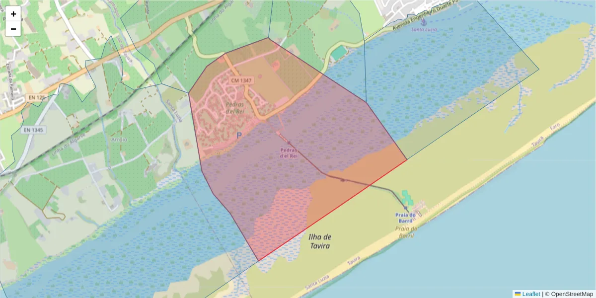 Mapa detalhado do código postal 8800-531 com limites, códigos postais vizinhos e agências dos correios