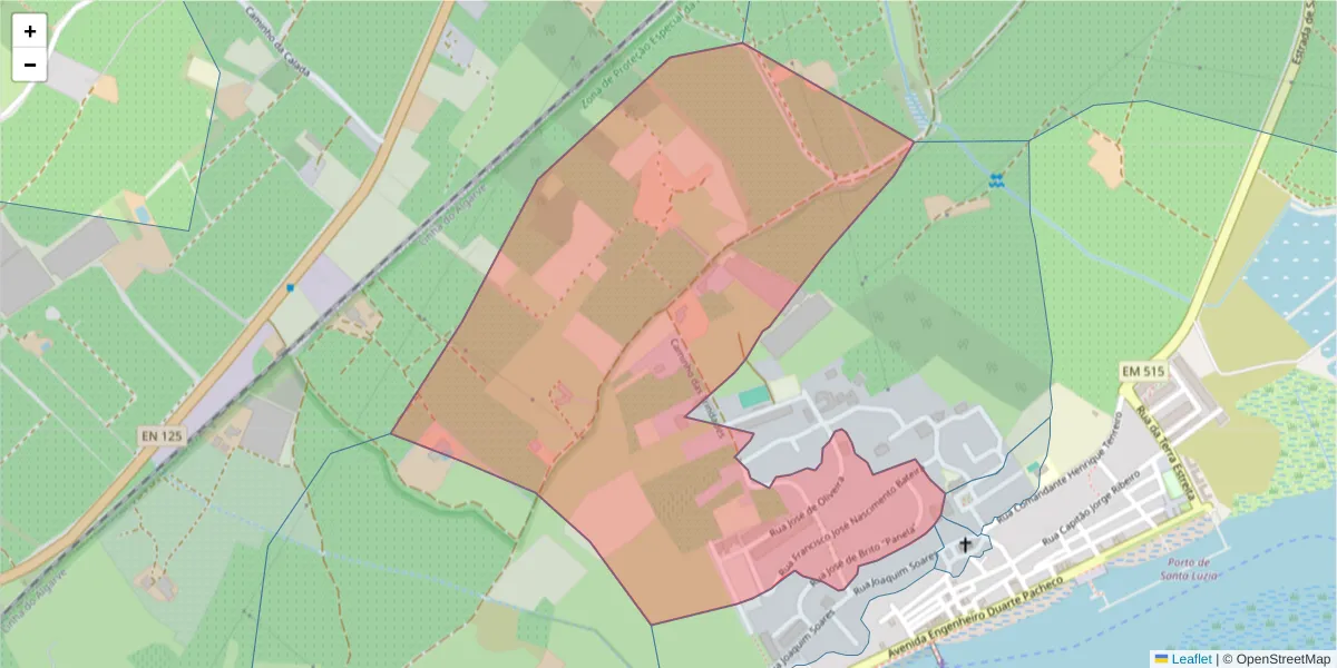 Mapa detalhado do código postal 8800-532 com limites, códigos postais vizinhos e agências dos correios