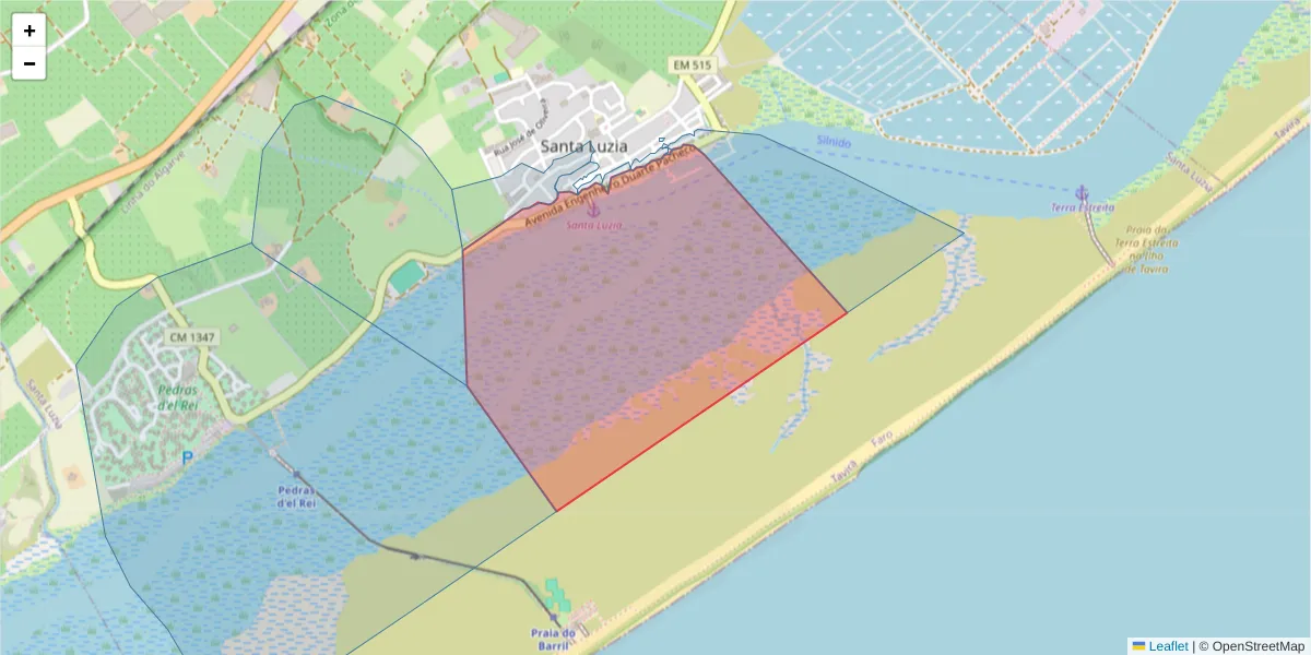 Mapa detalhado do código postal 8800-537 com limites, códigos postais vizinhos e agências dos correios