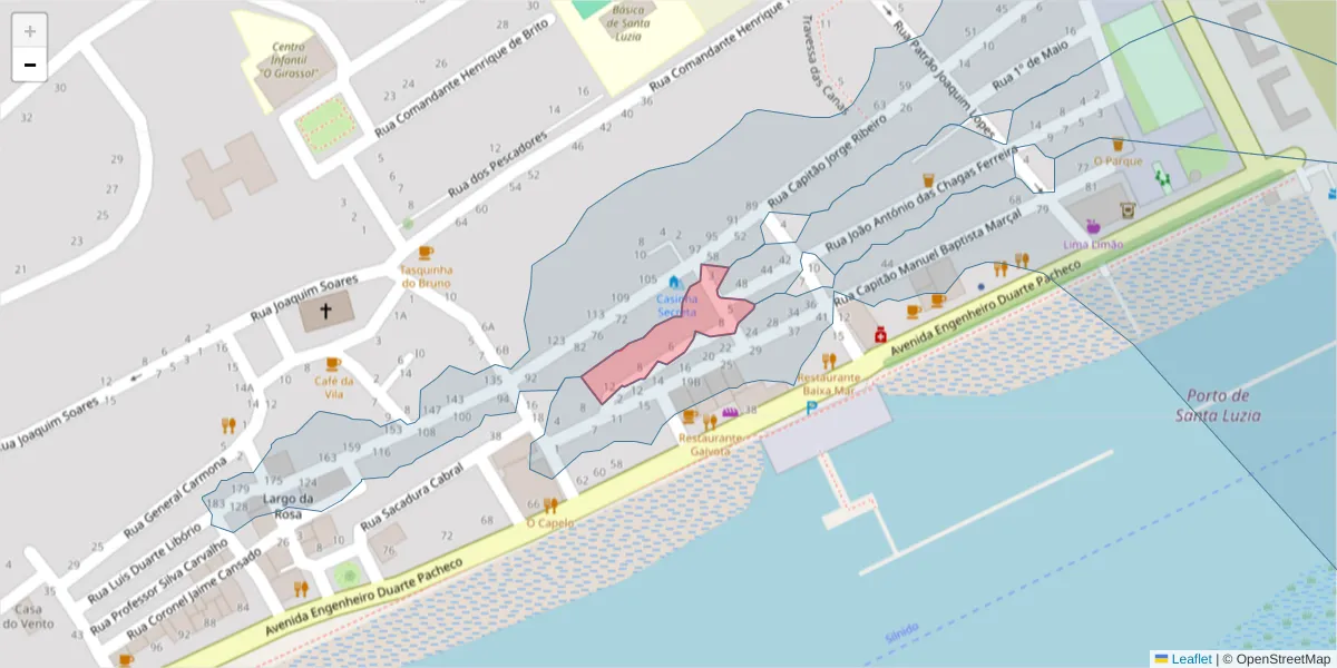 Mapa detalhado do código postal 8800-543 com limites, códigos postais vizinhos e agências dos correios