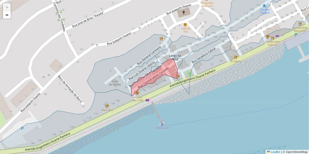 Mapa detalhado do código postal 8800-547 com limites, códigos postais vizinhos e agências dos correios