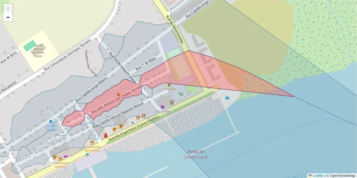 Mapa detalhado do código postal 8800-551 com limites, códigos postais vizinhos e agências dos correios