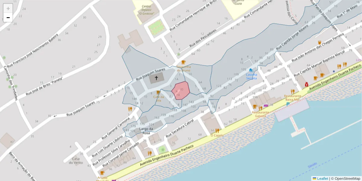 Mapa detalhado do código postal 8800-571 com limites, códigos postais vizinhos e agências dos correios