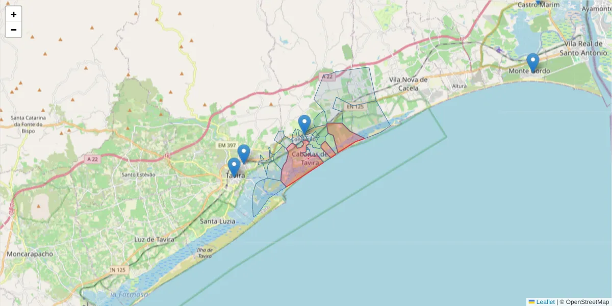 Mapa detalhado do código postal 8800-591 com limites, códigos postais vizinhos e agências dos correios