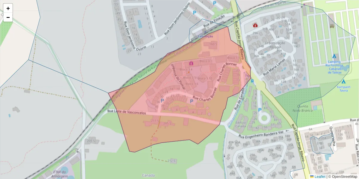 Mapa detalhado do código postal 8800-596 com limites, códigos postais vizinhos e agências dos correios