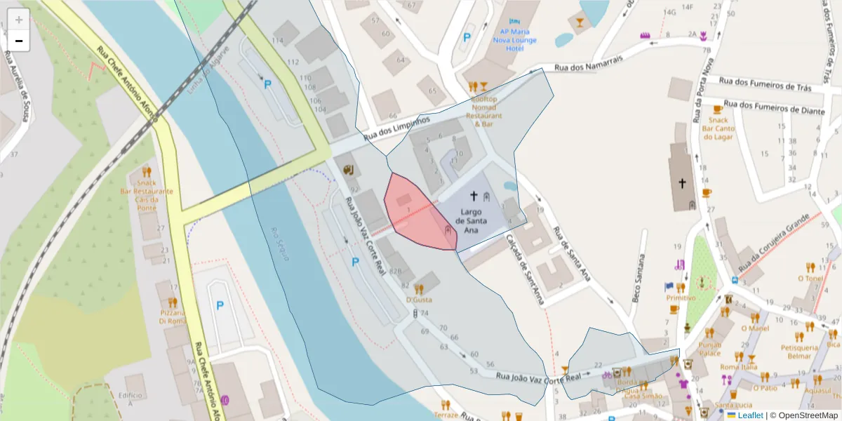 Mapa detalhado do código postal 8800-634 com limites, códigos postais vizinhos e agências dos correios