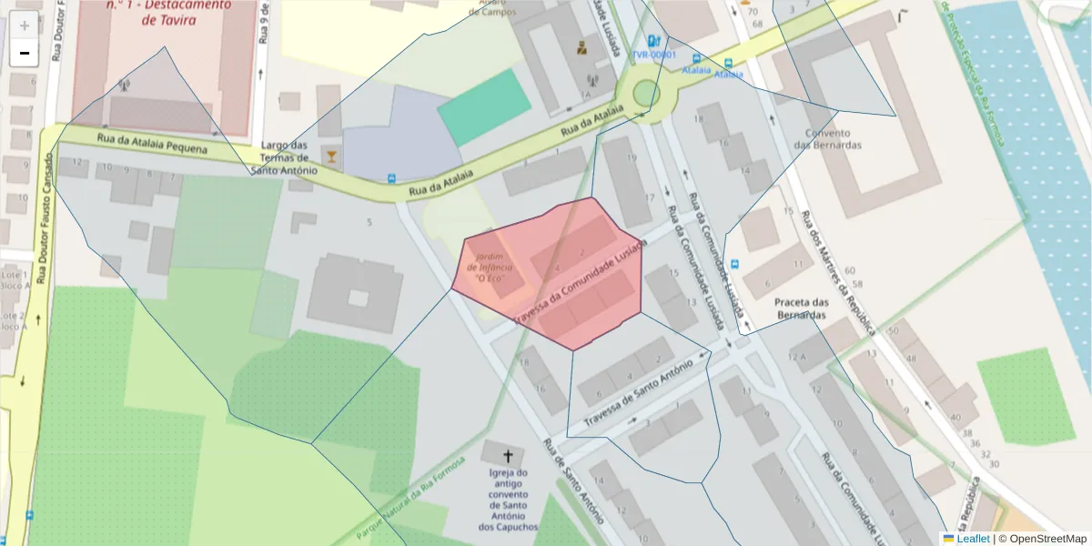 Mapa detalhado do código postal 8800-647 com limites, códigos postais vizinhos e agências dos correios