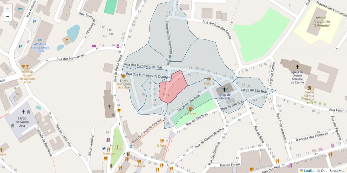 Mapa detalhado do código postal 8800-665 com limites, códigos postais vizinhos e agências dos correios