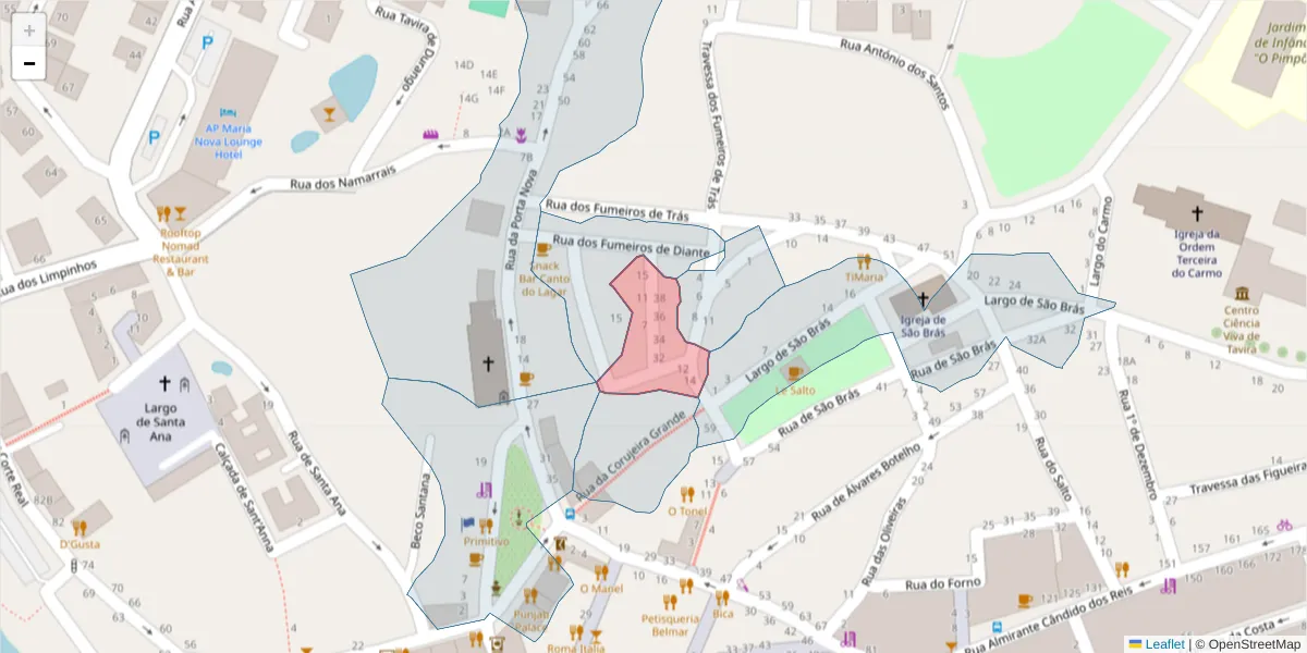 Mapa detalhado do código postal 8800-666 com limites, códigos postais vizinhos e agências dos correios