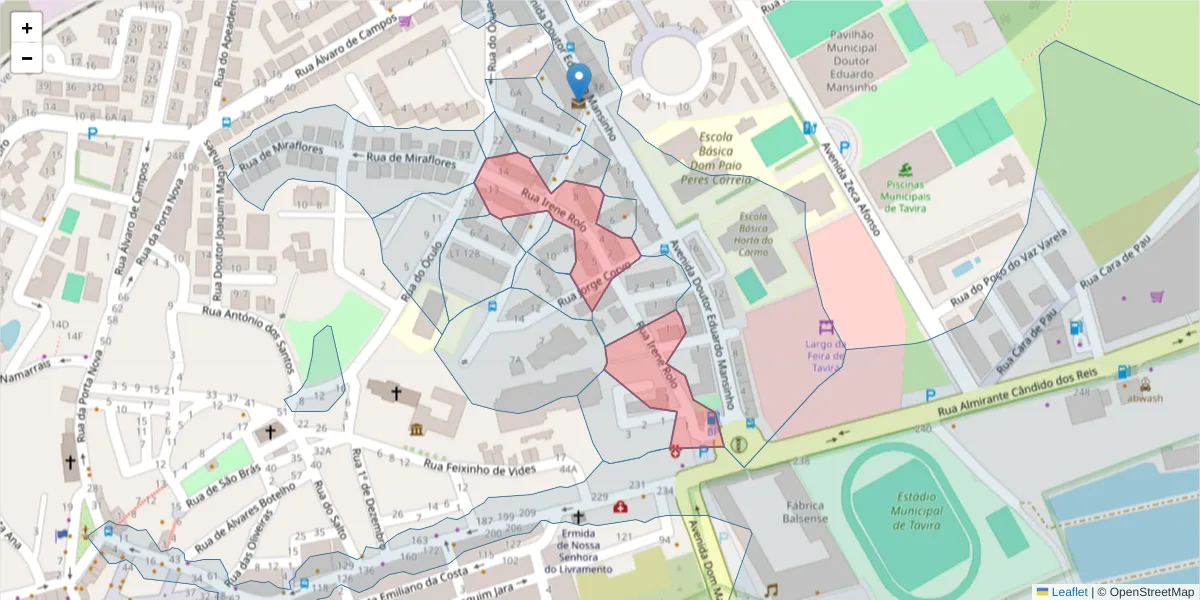 Mapa detalhado do código postal 8800-671 com limites, códigos postais vizinhos e agências dos correios
