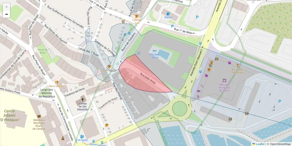 Mapa detalhado do código postal 8800-673 com limites, códigos postais vizinhos e agências dos correios